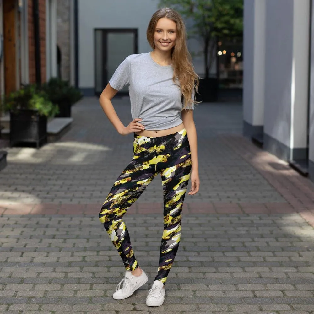 Yellow Camouflage Women's Mid-Rise Leggings
